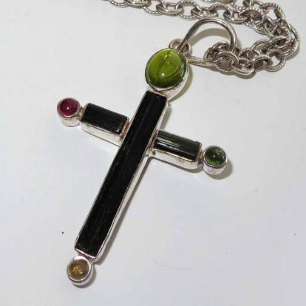 Huge Multi-Color Tourmaline Cross In Silver Pendant